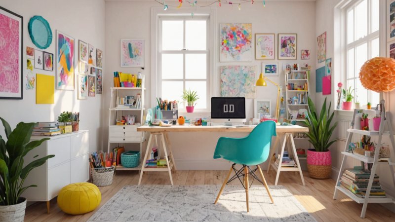 kreativt rom, inspirasjon, fargevalg, belysning, oppbevaring, personlige elementer