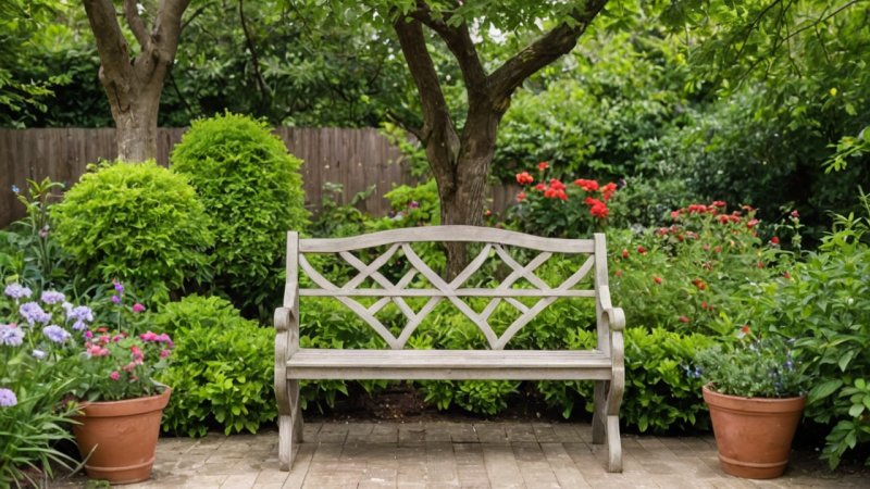 hagebenk, DIY hageforbedring, utendørs sitteplasser, hjemhage, landskapsideer