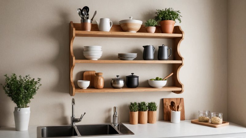 DIY kjøkkenhylle, veggmontert hylle, hjem forbedring, trearbeid prosjekt, kjøkken lagring