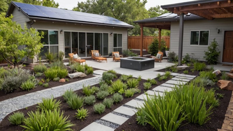 energivennlig utendørs plass, bærekraftig hagearbeid, regnvannshåndtering, solenergi installasjon, miljøvennlige materialer