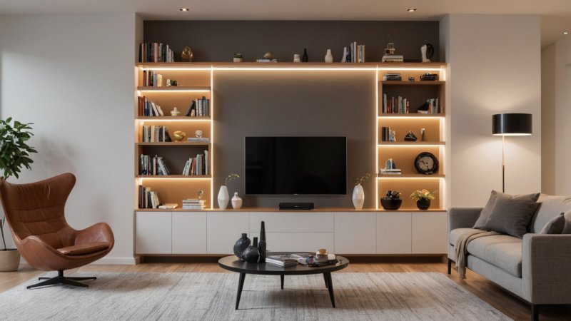 gjør-det-selv bokhylle, innebygde lys, hjemmeforbedring, interiørdesign, snekring prosjekt